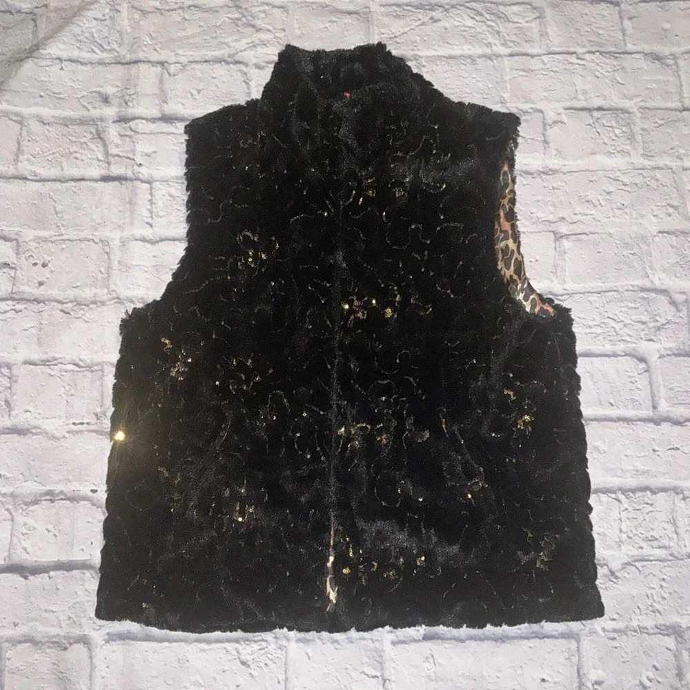 Betsey Johnson Faux Fur Vest W/satin Leopard Print Lining Women's Sz M Bling - Picture 1 of 6